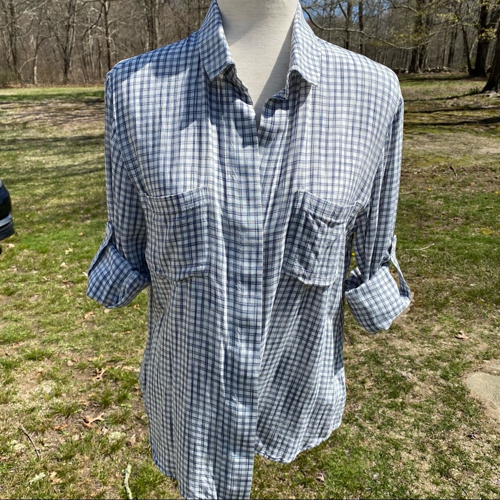 CLOTH & STONE TOP BLOUSE WHITE BLUE PLAID SIZE S
